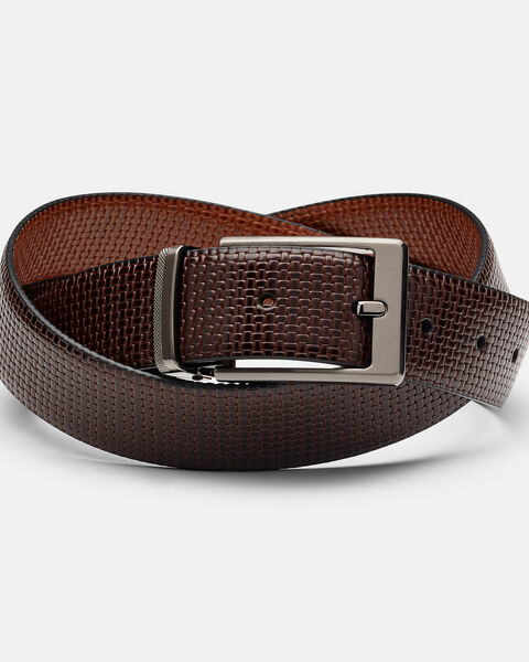 Heavy Emboss Burnish Leather Belt with Pin Buckle, Brown/Light Tan, hi-res